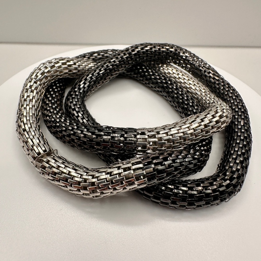 Vintage Y2K Two-Tone Mesh Chain Bracelet Silver Black Chunky Statement Jewelry